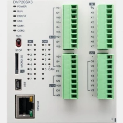DVP20SX311S Delta Electronics - Sterownik PLC 8 wejść cyfrowych, 6 wyjść PNP, 4 wejścia analogowe i 2 wyjścia analogowe