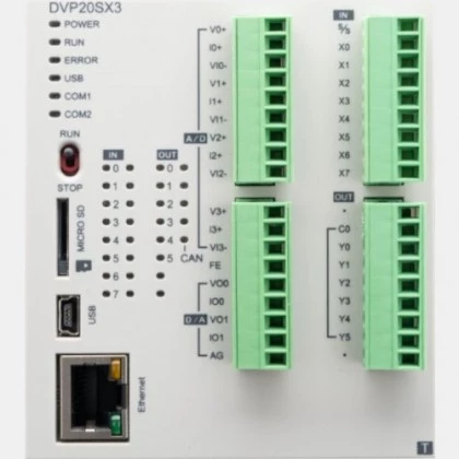 DVP20SX311T Delta Electronics - Sterownik PLC 8 wejść cyfrowych, 6 wyjść NPN, 4 wejścia analogowe i 2 wyjścia analogowe
